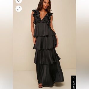 Lulus Glorious Essence Black Satin Ruffled Tiered Tie Back Maxi Dress like NEW